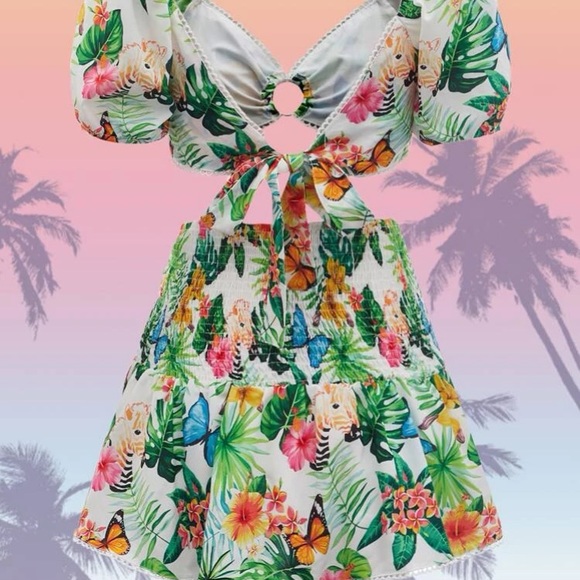 Shein XS tropical print puff sleeve tie back top and shirred ruffle hem skirt. - Picture 2 of 4